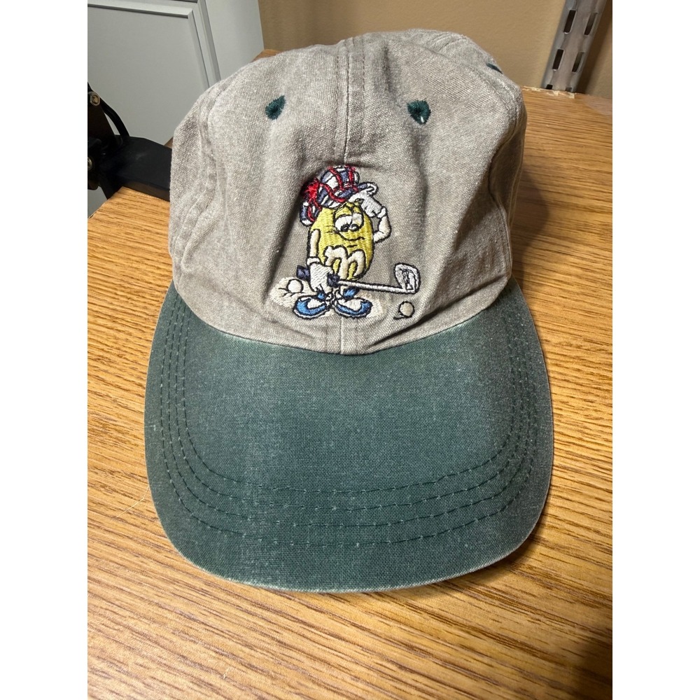 Vintage M&Ms Mars Golf Hat Yellow Character Tan Green Strapback Dad Cap